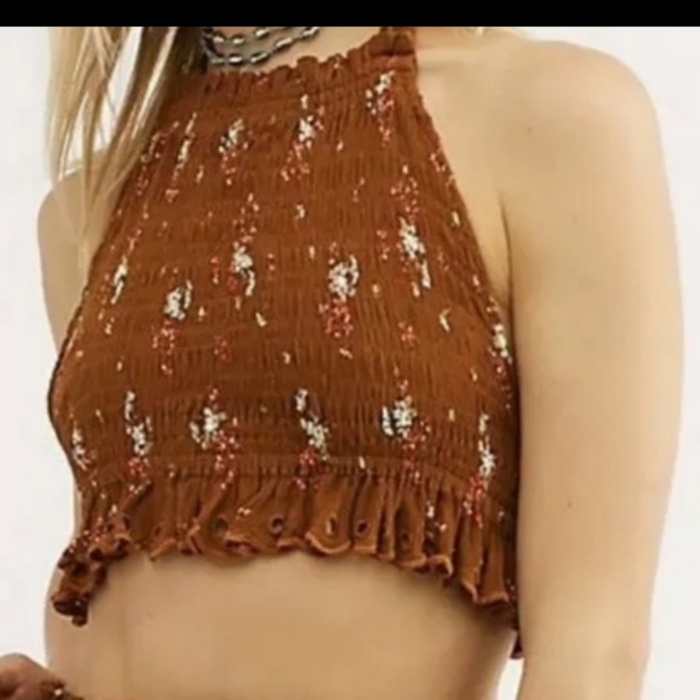 Free People Miss Louise smocked cropped halter top